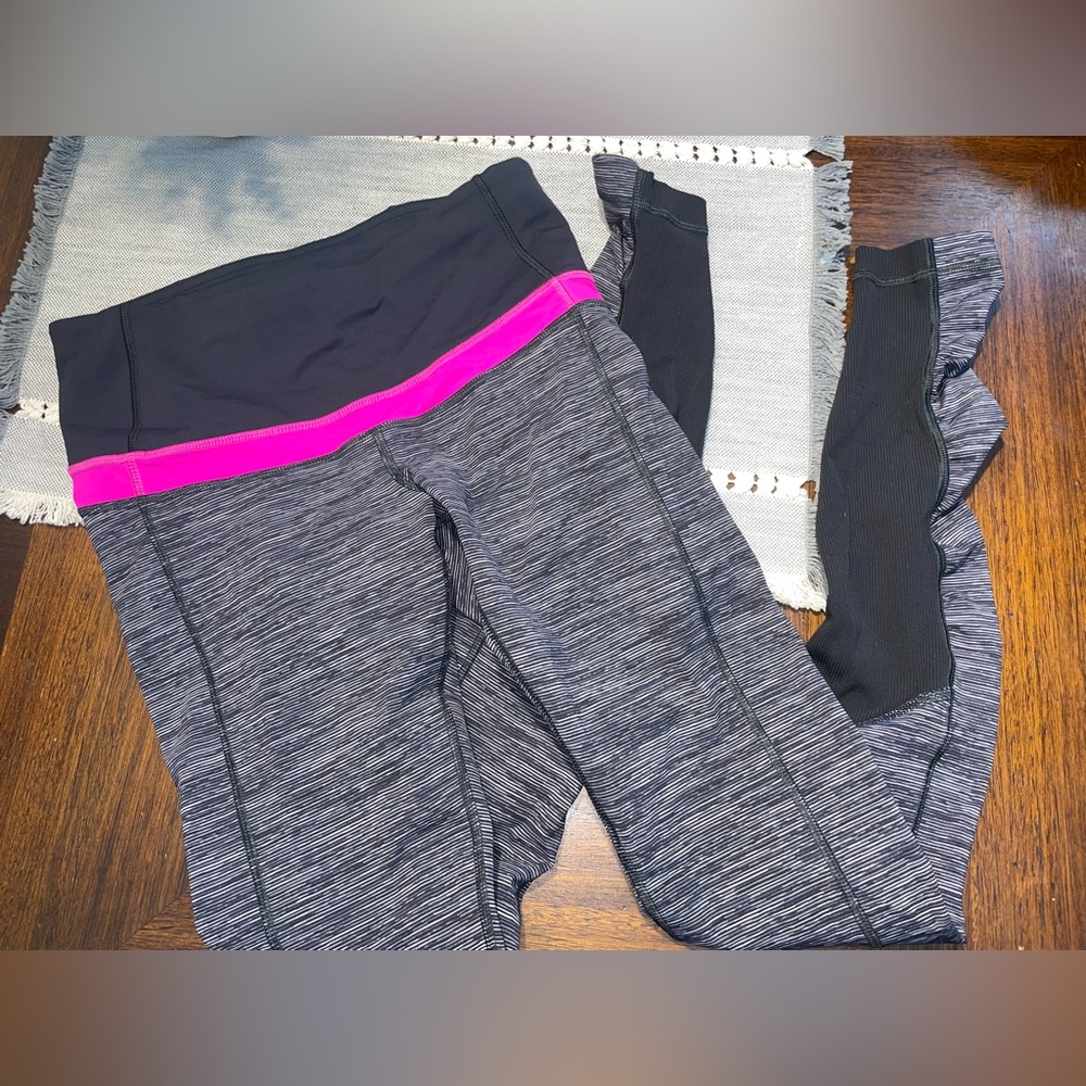Lululemon Run Athletic Leggings Black Gray Stripe Pink Waist Women’s Size 6”
